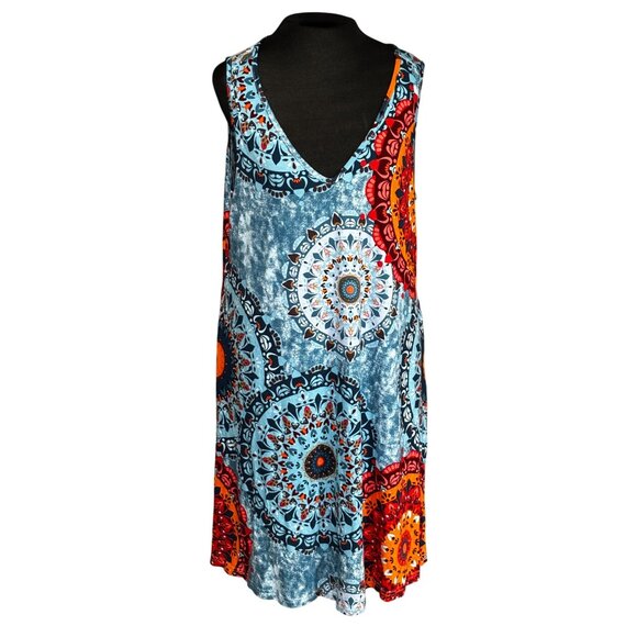 Sleeveless Mandala Print Summer Dress With V-Neckline In Blue & Red Bishuige XXL - Picture 1 of 10